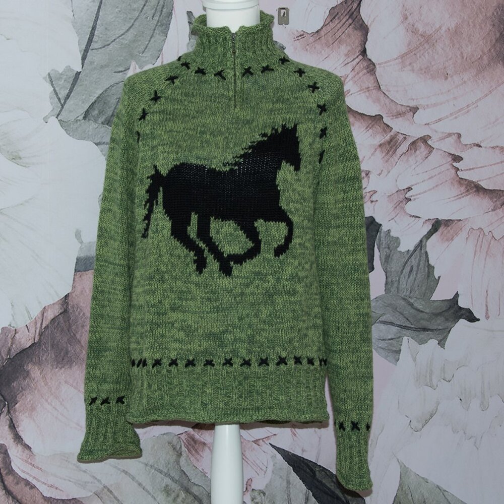 Timberlea Vintage Green Knit Horse Sweater Large